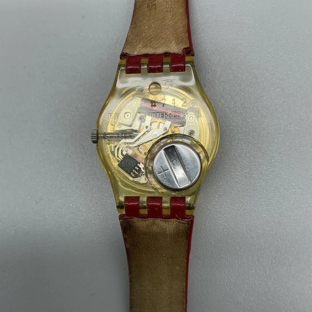 Vintage Swatch Womens Watch 25mm Silver Dial Yellow Case Red Leather Swiss